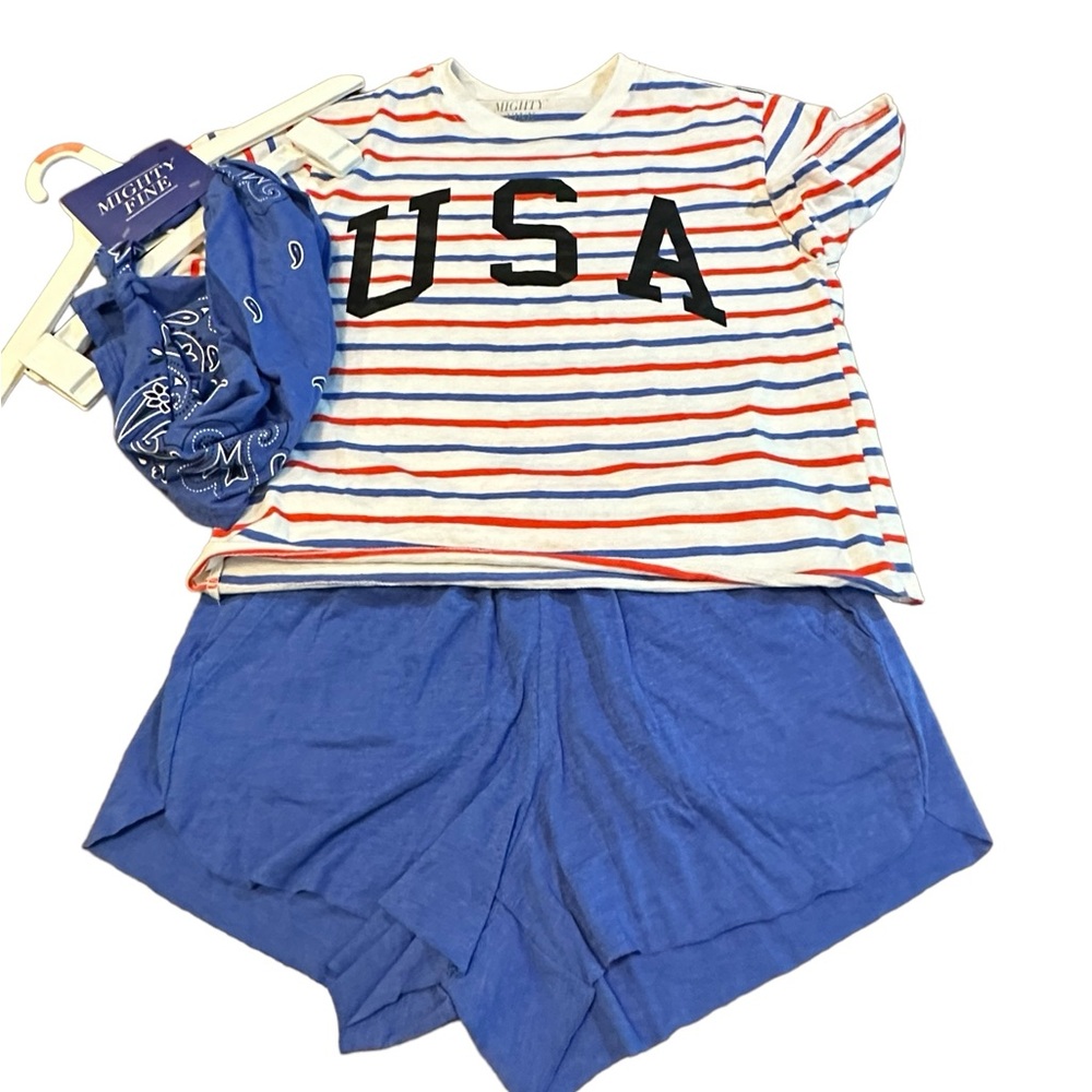 Mighty Fine Striped USA Graphic Women’s Crop Red & Blue Stripes 3‎ piece XS